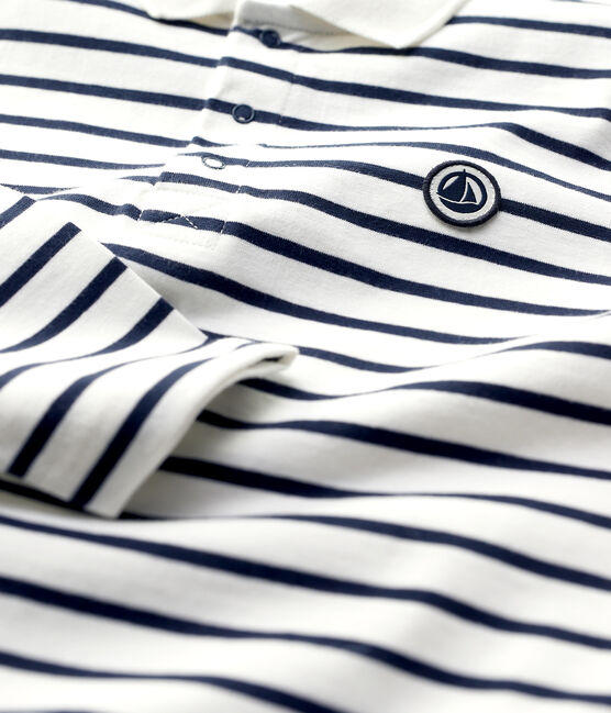 Langärmeliges, gestreiftes Kinder-Poloshirt aus Baumwolle für Jungen weiss MARSHMALLOW/blau SMOKING